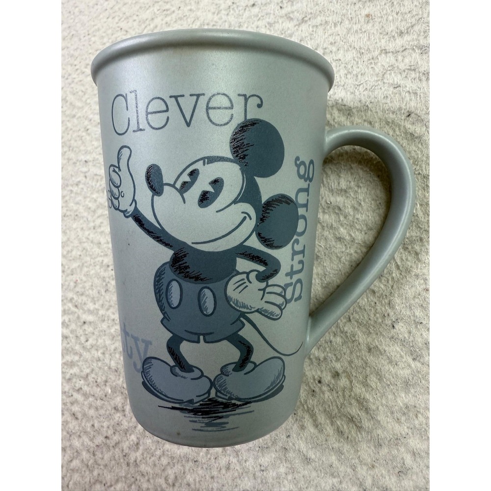 Disney Mickey Mouse Gray Ceramic Coffee Mug Clever Strong Brave Witty‎ Script
